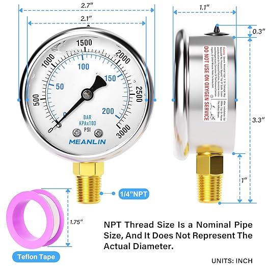 MEANLIN MEASURE 0~3000Psi Liquid Filled Pressure Gauge 1/4" NPT 2.5" FACE DIAL Stainless Steel Glycerin Filled WOG Water Oil Air Lower Mount
