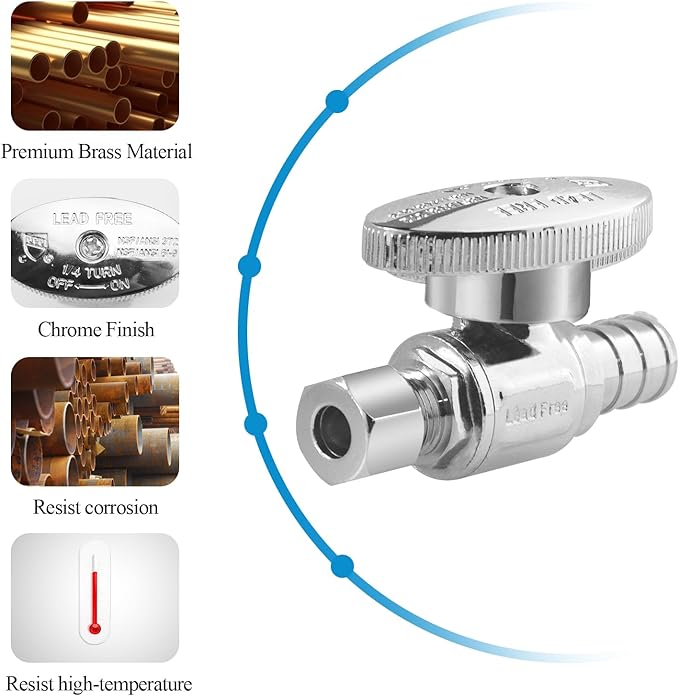 WiseWater Straight Stop Valve 1/2" PEX x 1/4" Compression, 1/4 Turn with 5 Stainless Steel Clamps for Easy Installation, Heavy Duty Chrome Brass PEX Shut Off Valve for Sink & Toilet (5-Pack)