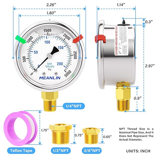 MEANLIN MEASURE 0~3000Psi Liquid Filled Pressure Gauge Stainless Steel 1/4" NPT 2" FACE DIAL for WOG Water Oil Air Lower Mount, with Hex Bushing and 2PCS Snaps