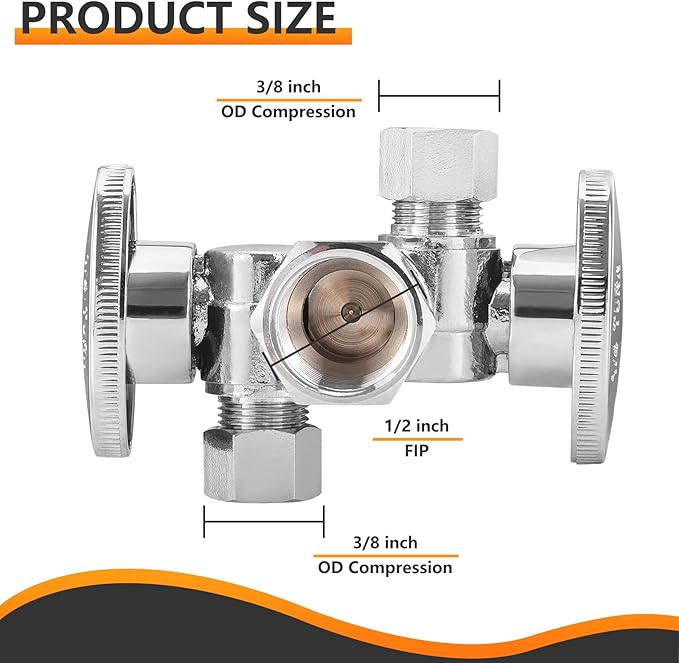 2-PCs HeSun Dual Shut Off Angle Valve, 1/2" FIP x 3/8" OD x 3/8" OD Compression, 1/4-Turn Stop Valve with 2 Shut Offs, PEX Chrome Plated Brass(VALVE140-2)