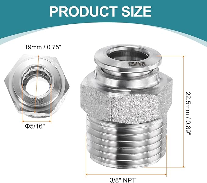 HARFINGTON Push to Connect Fittings 5/16" Tube OD x 3/8" NPT Thread Male Straight Union Fittings 304 Stainless Steel Quick Connect Pneumatic Accessories for Trailers Air Brake System