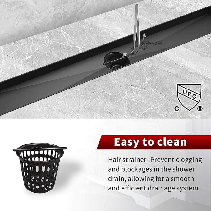 Sharp-tec Shower Drain, 28 inch Linear Shower Drain, Matte Black 304 Stainless Steel Rectangular Shower Floor Drain with Adjustable Leveling Feet, Hair Strainer, cUPC Certified, ST-112-28B