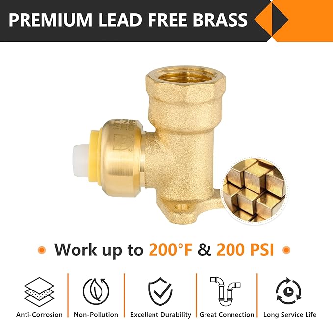 50-Pack HeSun Pushfit Drop-ear Elbow, 1/2" Female NPT x 3/4" Push to Connect Plumbing Fittings with Disconnect Clip, Brass Push-fit Fittings for PEX, Copper, CPVC, PE-RT Pipes(PF074-50)