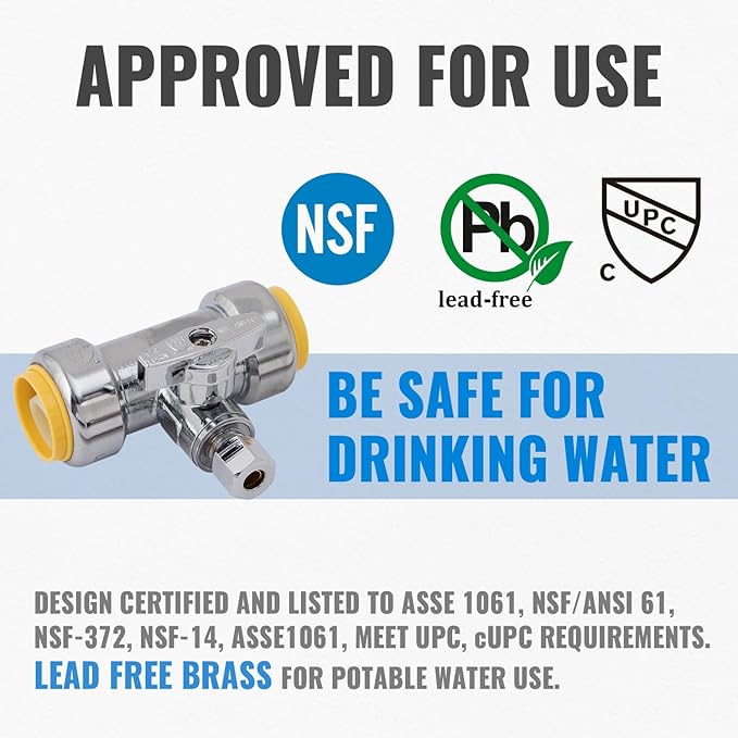 SUNGATOR 3/4 x 3/4 x 1/4 Inch Compression Tee Stop Valve, 1/4 Turn, No Lead Brass Push to Connect Plumbing Fitting for PEX Pipe, Copper, CPVC, with 1 Disconnect Clip and 1 Sealing Tape