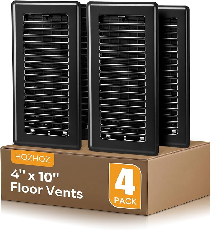 Black Vent Cover, Floor Register 4x10, Heavy Duty Steel Walkable Floor Vents, Easy Adjust Air Supply Lever, Vent Covers for Home Floor, 4 Pack Black