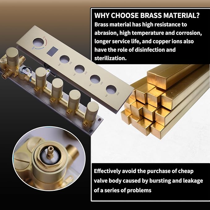 4 Way Shower Diverter Valve with Temperature Display Brass Rough-In Shower Mixing Valve Kit Replacement Can Work At The Same Time, Brushed Gold