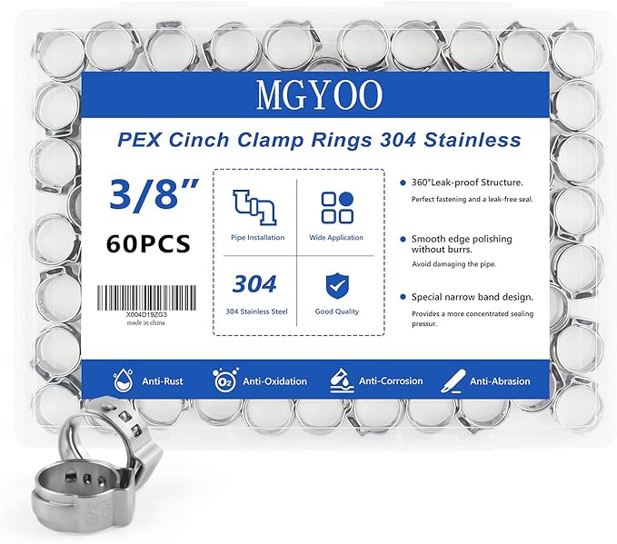 3/8 inch Pex Clamps 60pcs Pex Crimp Rings Single Ear Hose Clamps Stainless Steel Pex Fittings Cinch Clamp Ring for PEX Pipe Tubing