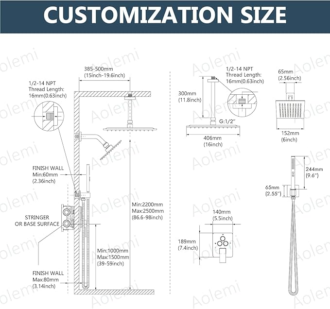 Aolemi Shower Faucet Set Ceiling Mount Shower System Rough-in Valve and Shower Trim Kit 16 and 6 Inch Dual Shower Head 2 in 1 Handheld Spray Push Button Diverter Matte Black