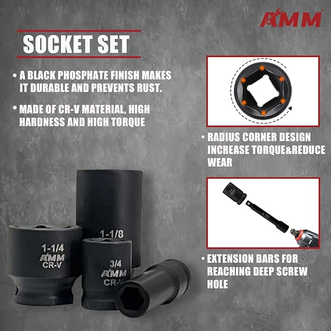 AMM 1/2-inch 66 Pieces Impact Socket Master Set, SAE & Metric from 5/16"-1-1/4",8-24mm, Shallow/Deep Socket Set with Ratched Hand, Extension Bar and Adapters，Cr-V steel
