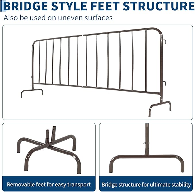 Interlocking Steel Barricade, 7 Ft. Heavy Duty Galvanized Metal Barricade, Interlocking Steel Road Barriers with with Bridge Feet Base, for Crowd Control Event Fencing Indoor/Outdoor, Brown