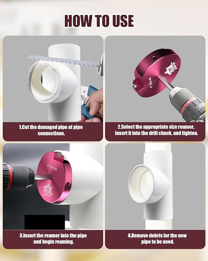 4 Pcs PVC Pipe Reamer Kit, PVC Fitting Saver Plastic Pipe Fitting Reamer Socket Saver Plumbing Tool Includes 1 1/2'', 2'', 3'', 4'' for Schedule 40 Fits Standard 1/2" Drill