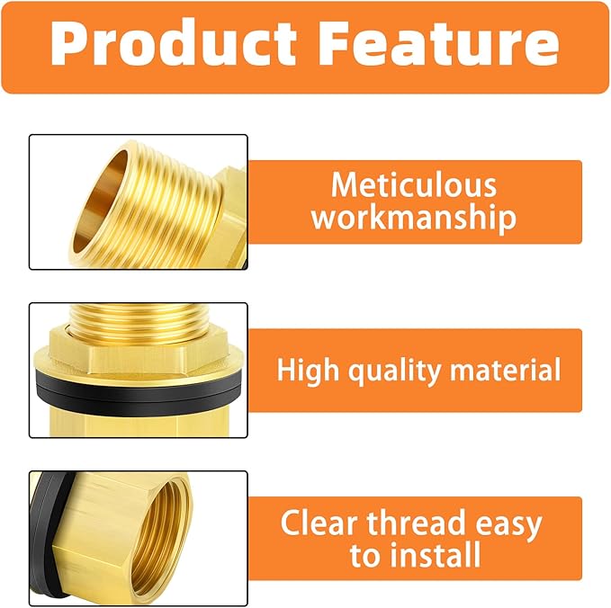 GASHER 2PCS Brass 1" Female 1" Male Bulkhead Tank Connector Adapter Fitting with Rubber Ring
