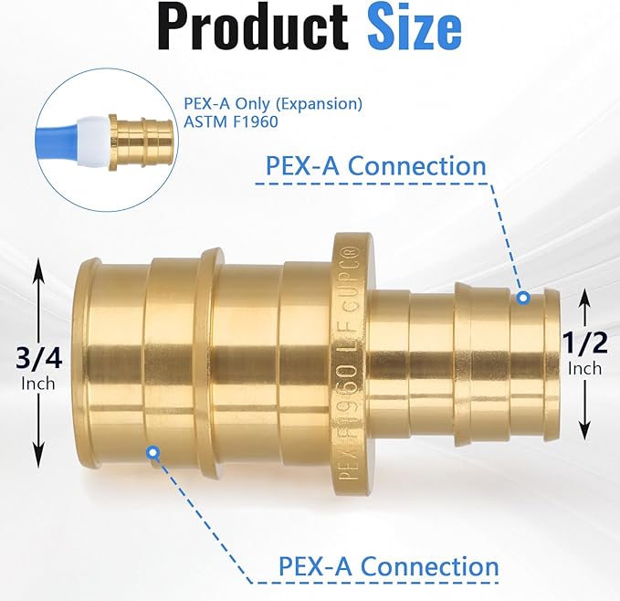 (5-Pack YVSKM) 3/4" x 1/2" Reducing Coupling Expansion Fitting, Lead-Free Brass Full Flow Connector, ASTM F1960 & cUPC Certified for Residential Hot & Cold Water and Radiant Heating Systems