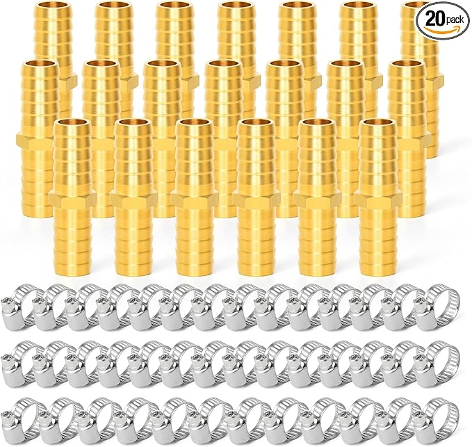 GASHER 20 Pieces Brass Hose Barb Reducer, 3/8 Inch to 3/8 Inch(9.5mm) Hose ID with 40 Hose Clamp, Brass Barb Reducer SPLICER Fitting Fuel/AIR/Lquid/Oil/Gas/WOG