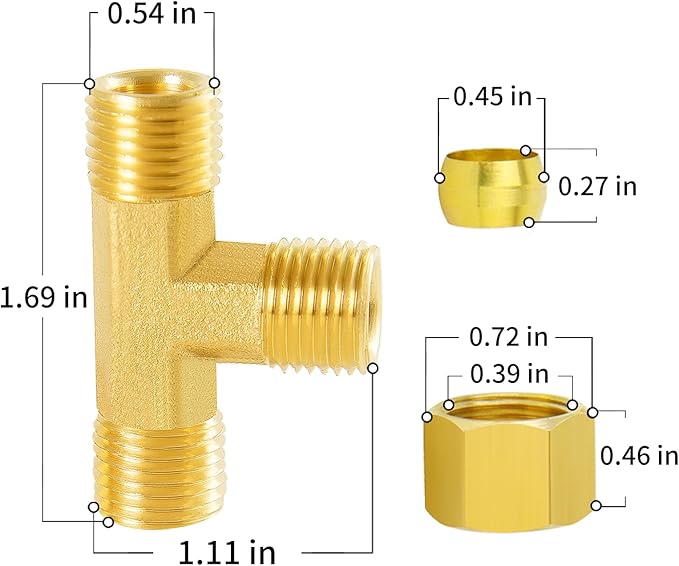 ChillWaves Brass Tee Compression Tube Fitting, 3/8" OD x 3/8" OD x 3/8" OD Compression Union Connector(5-PACK)