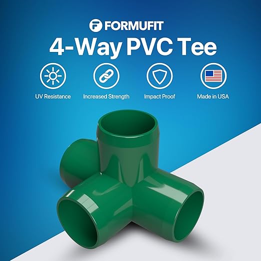 FORMUFIT 1” 4-Way Tee Furniture Grade PVC Fitting in Green, Made in USA, UV-Resistant, Impact-Proof, 1.315” Actual Socket Diameter (Pack of 4) - F0014WT-GR-4