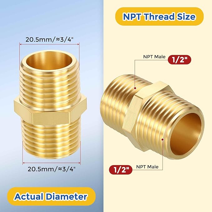 3 Pack Brass Pipe Fittings, 1/2" Male NPT to 1/2" Male NPT Brass Hex Nipple, Male Pipe Adapter Reducer for Air, Oil, LP