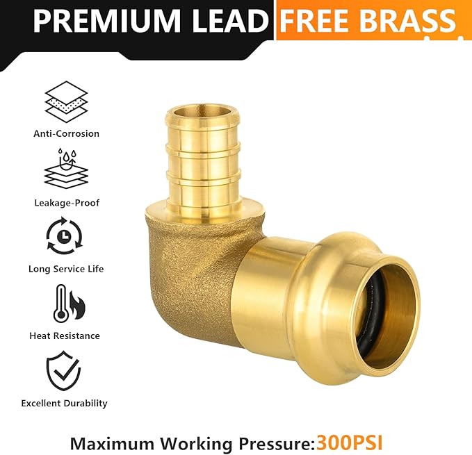 30-Pack HeSun Copper Press Fitting Elbow, 1/2" PRESS X 1/2" PEX F1807 Crimp Elbow, LF Brass