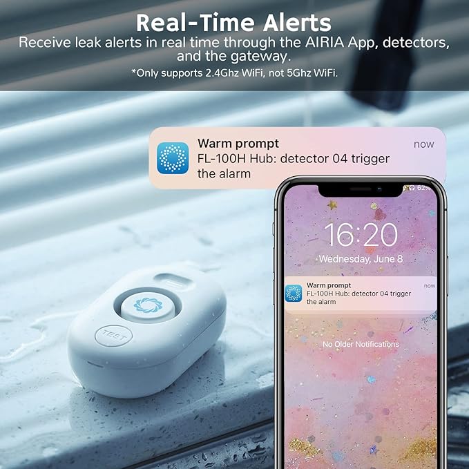 Airthereal Water Leak Detector 3-Pack with WiFi Gateway, Water Alarm Sensor with 0-120dB 4-Level Adjustable Alarm, Leak and Drip Alert with App Alerts for Home, Basement (Not Support 5G WiFi)
