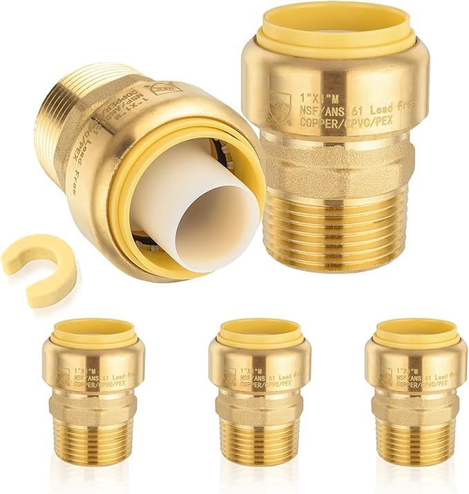 HeSun 5-Pack Pushfit Male Adapter, 1" MNPT x 1" Push to Connect Plumbing Fittings with Disconnect Clip, Brass Push-fit Fittings for PEX, Copper, CPVC, PE-RT Pipes, PF153-5