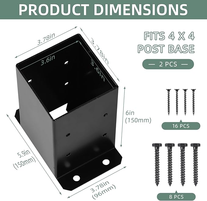 4x4 Post Base 2Pcs Wood Fence Post Bracket Anchor Base Brackets Deck Post Base for Pergola Railing Mailbox Deck (Inner Size 3.6x3.6)