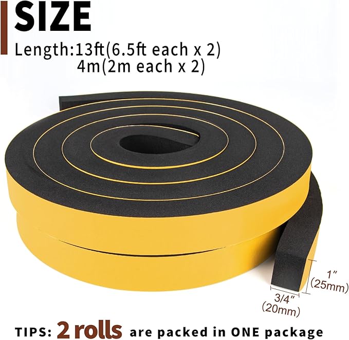 Yotache High Density Adhesive Foam Tape 2 Rolls 1" Wide X 3/4" Thick, Weather Stripping Gasket Seal, Shockproof, Furniture Protective, 13 Ft Length (2 x 6.5Ft Each)