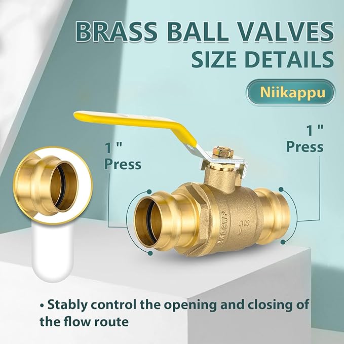 1" Press Ball Valve, 10 Pack Shut Off Valves with EPDM O-ring, Quarter Turn Brass Full Port Shut Off Ball Valve for Hot and Cold Water, NSF/ANSI 61 Certified