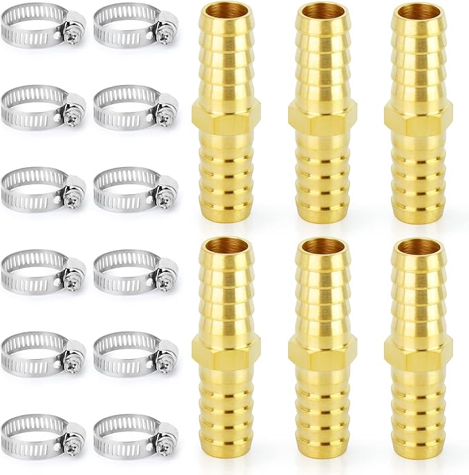 ChillWaves Brass Hose Barb Fittings, Splicer Mender Union 3/8" Barb x 3/8" Barb with Hose Clamp Hose Repair Kit For Water/Fuel/Air(6-PACK)