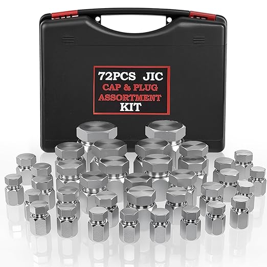 72PCS JIC Cap and Plug Set, 37 Degree Flare Thread Cap & Plug Assortment Set, Capping Off Hydraulic Lines, Carbon Steel, Size 4 6 8 10 12 16