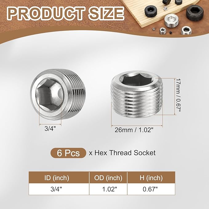 Pipe Plug Stainless Steel Internal Hex Thread Socket Pipe Plug Fitting - Fitting for (Sealing Port - Air Tanks - Water Outlets) 3/4 Inch NPT Male & 6 Pack