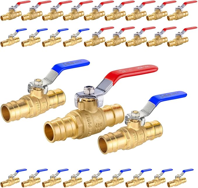 30-Pack Foskan 1" Brass PEX-A Full Port Ball Valve, Quarter Turn Shut-off Valve for PEX-A Tubing(Blue and Red)