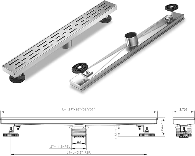 Linear Shower Drain, Brushed Nickel Shower Drain 32 Inch with Removable Grate, SUS-304 Stainless Steel Rectangle Floor Drain with Leveling Feet and Hair Strainer, Bathroom Modern Drain SD-101