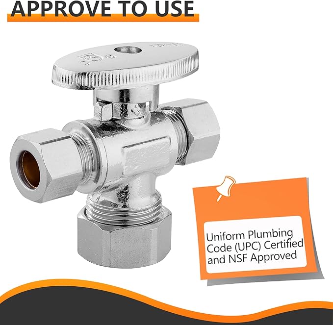 50-PCs HeSun Dual Compression Outlet Angle Stop Valve, 1/2" Nominal (5/8"OD) x 3/8" OD x 3/8" OD Compression, 1/4-Turn Shut Off Valve for Bathroom, PEX Chrome Plated Brass(VALVE123-50)