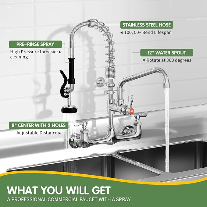Commercial Sink Faucet,TOLSUNY Commercial Kitchen Faucet Wall Mount with Pre Rinse Sprayer,Wall Mounted Kitchen Sink Faucet for Industrial and Restaurant Sinks. (Classic, 21)