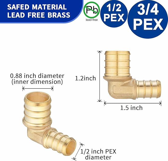 (10 Pack) Lidertik Pex Fittings 90 Degree Elbow Crimp Fitting, 1/2" PEX B F1807 to 3/4" PEX B F1807 Adapter Brass LI-APXE1234(10 Pieces)