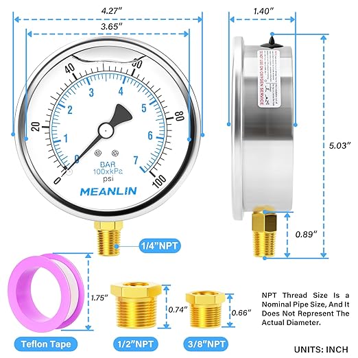 MEANLIN MEASURE 0~100Psi Stainless Steel 1/4" NPT 4" FACE DIAL Liquid Filled Pressure Gauge WOG Water Oil Air Lower Mount, with 1/2" NPT and 3/8" NPT Hex Bushing
