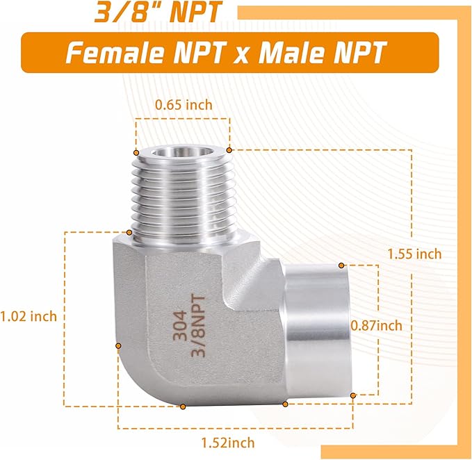Stainless Steel Pipe Fitting 90 Degree Barstock Street Elbow 3/8" NPT Male x 3/8" NPT Female 2 Pack