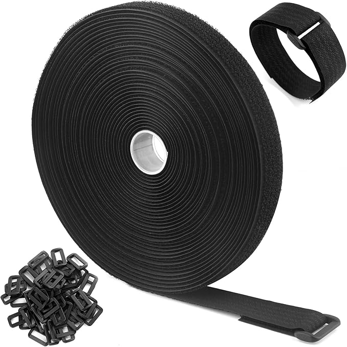32Ft x 1In Adjustable Cable Straps with Buckles, Free Cut Length, Black Reusable Fastening Cable Ties, Hook and Loop Securing Strap for Cable Tidy, Wire Management, Cord Organiser