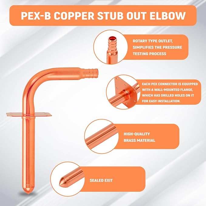 Pack of 5,1/2 In Copper Stub Out Elbows with Wall Flange,F1807 Lead-Free PEX-B/C Barb Crimp Fittings,6 Inch Length, for Bathroom Faucet, Shower Valve,Toilet Supply,Easy Installation, Remodel Plumbing