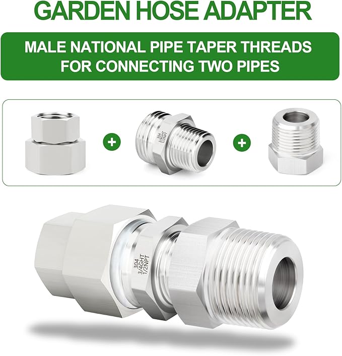 TAISHER 2PCS 304 Stainless Steel Garden Hose Adapter, 3/4" GHT Male x 1/2" NPT Male Garden Hose Connector with Washers