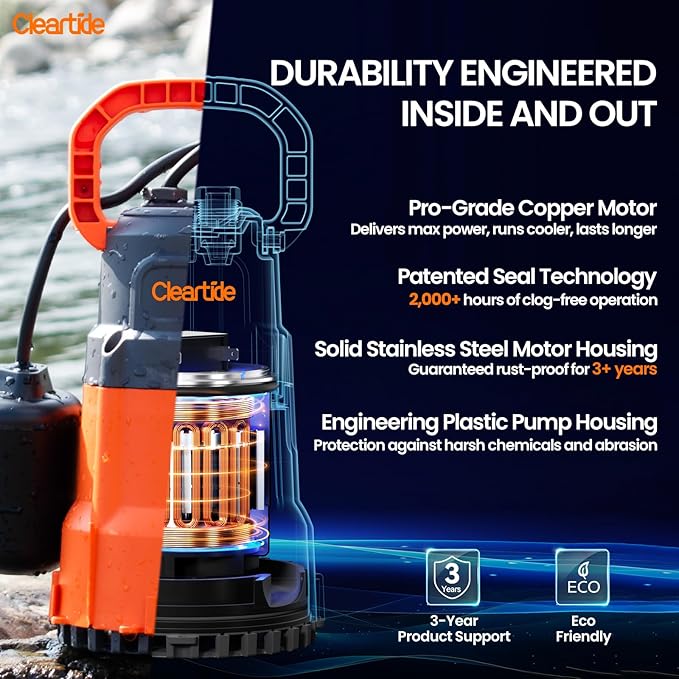 Cleartide Submersible Sump Pump with Tethered Float Switch, 1/2 HP Utility Water Pump, Electric Drain Pump Handles 3/8" Solids, 10 FT Cord