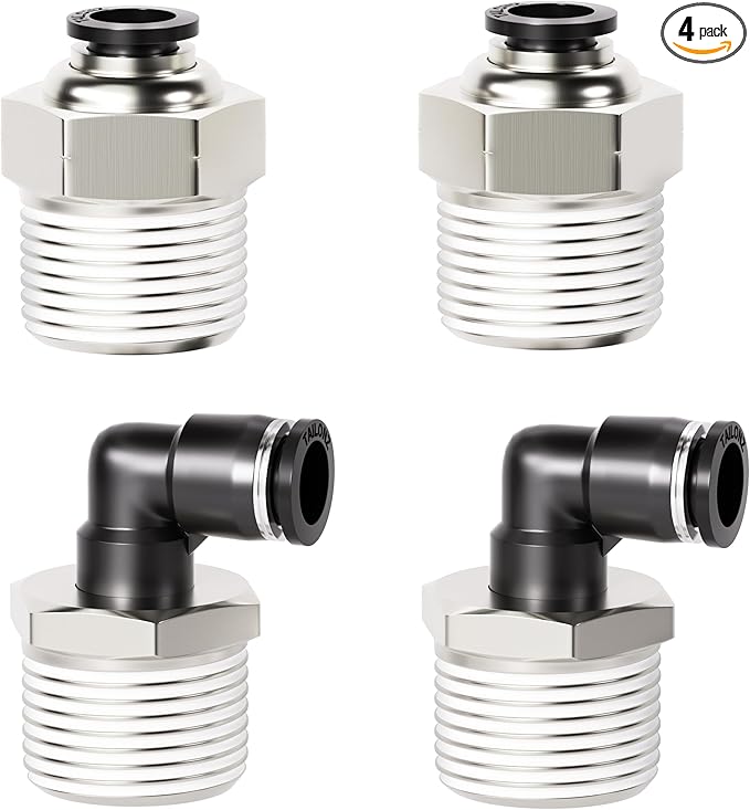 TAILONZ PNEUMATIC Elbow and Straight Combination 1/4 Inch Tube OD x 1/2 Inch NPT Thread Push to Connect Fittings PC-1/4-N4+PL-1/4-N4(Pack of 4)