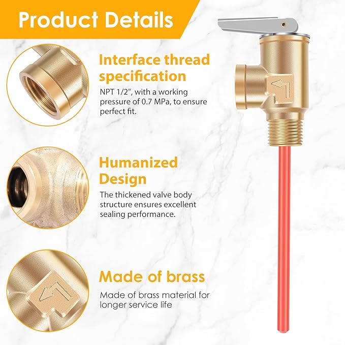 1/2" NPT RV 210°F Temperature and Pressure Relief Valve Thickened Brass Safety Valve RV Water Heater Temperature and Pressure Relief Valve for Hot Water Heater Tanks (DN15-2pc)