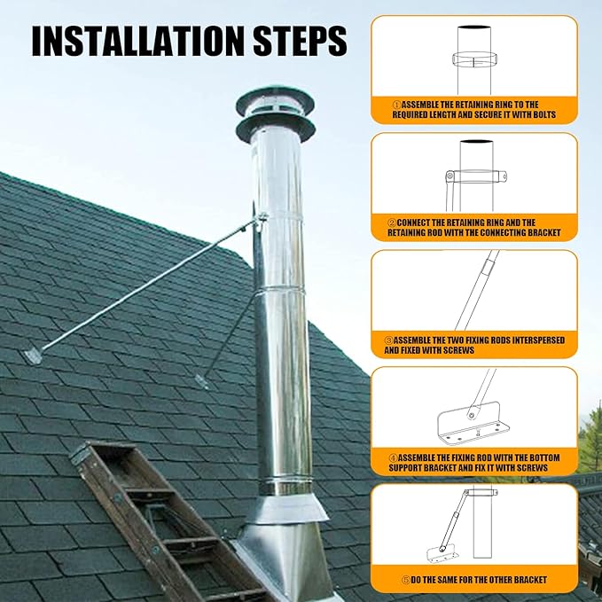 Extended Roof Chimney Support Bracket Compatible with Chimney Pipes 6"-15" Diameter Adjustable Roof Brace Includes Mounting Bracket Leg and Nut Gasket Provides Stability Against Snow and Wind