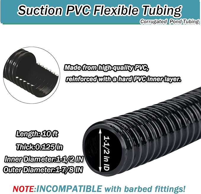 Pond Tubing,1-1/2" x 10 ft PVC Flexible Pond Hose, Black Corrugated Waterfall Sump Pump Hose,Drainage Pipe, Kinkproof for Garden Ponds
