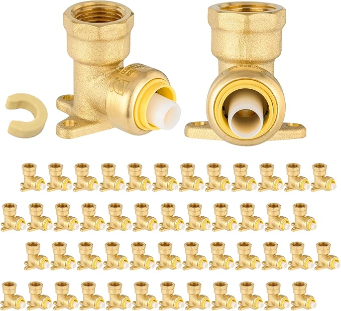 50-Pack Niikappu Push fit Drop Ear Elbow, 3/4 Inch x 1/2 Inch Female NPT Drop-ear Elbow Brass Push Fittings for PEX, Copper, CPVC, PE-RT Pipes, with Disconnect Clip