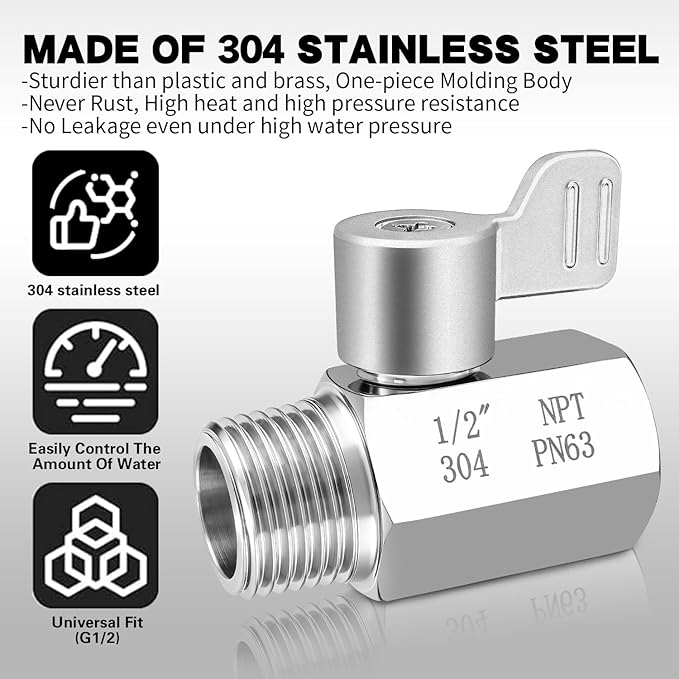 Shower Head Shut Off Valve,304 Stainless Steel 1/2" Mini Ball Valve NPT Thread,Shower Head Flow Control Valve