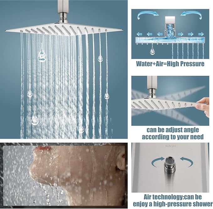 Aolemi Shower Faucet Set Ceiling Mount Shower System Rough-in Valve and Shower Trim Kit 10 Inch Shower Head Single Handheld Spray Square Knob Brushed Nickel
