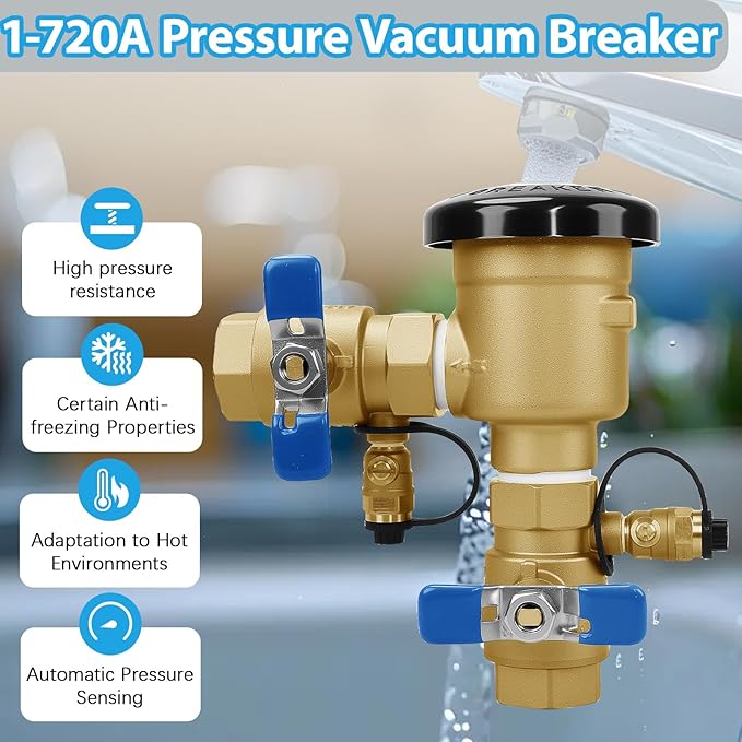 1" 720A Pressure Vacuum Breaker Assembly 1-720A Thickened Brass Backflow Preventer Valve for Irrigation Systems and Commercial Water Supply Systems, Back Siphon Protection, MAX 400PSI