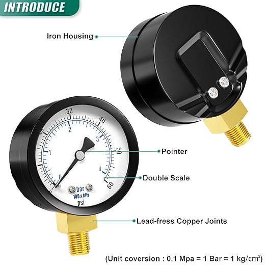 0-60PSI Well Pump Pressure Gauge 2" Dial Size, 1/8" NPT Lower Mount, 3-2-3% Accuracy, for Tube, Water Pump, Gas, Liquid, Pressure Test
